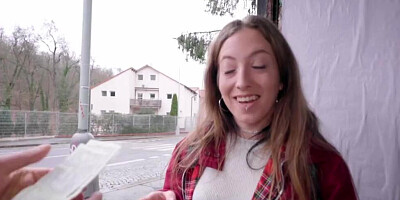 Euro babe was easily convinced by a stranger into giving him a public POV blowjob