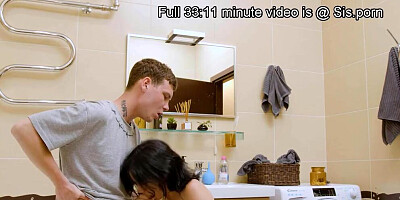 Brunete chick blows stepbrother and bangs in the laundry room