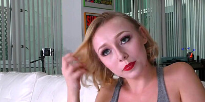 Sweet blonde Athena May is filmed POV-style while sucking hard cock