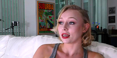 Sweet blonde Athena May is filmed POV-style while sucking hard cock
