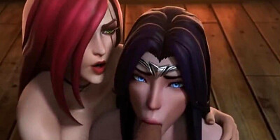 Redhead teaches brunette how to suck a cock in adult cartoon