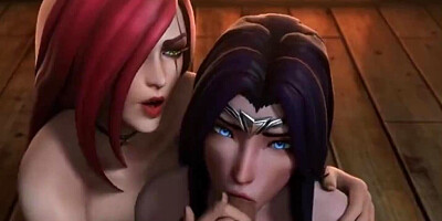 Redhead teaches brunette how to suck a cock in adult cartoon