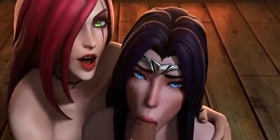 Redhead teaches brunette how to suck a cock in adult cartoon