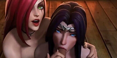 Redhead teaches brunette how to suck a cock in adult cartoon