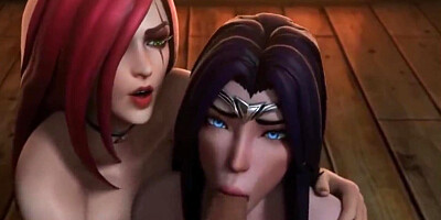 Redhead teaches brunette how to suck a cock in adult cartoon