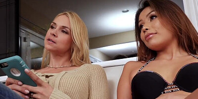 Three splendid babes are sharing a cock in this interracial 4some