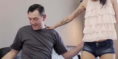 OLD4K. Tall Daddy Stretches Good-looking Brunette on Small Daybed
