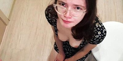 Nerdy Asian girl sucks a cock and lifts skirt up to fuck