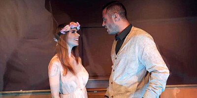 Skinny redhead girl gets banged on a piano by her teacher