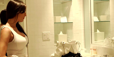 Busty black haired escort in lingerie and heels teases her horny employer