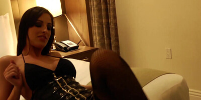 Busty black haired escort in lingerie and heels teases her horny employer