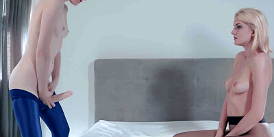 Watch this sexy blonde take her girlfriend's strapless dick