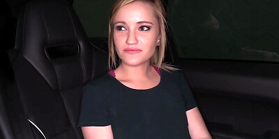 Cute girl Heidi is doing an interview in the backseat of a car