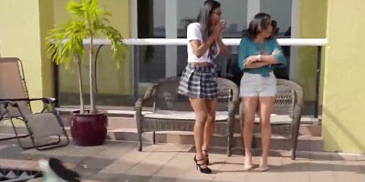 Adorable ebony schoolgirl is blowing and banging her hot white neighbor