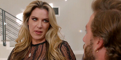 Blonde cougar Kayla Paige is fucked on the couch by a lucky stud