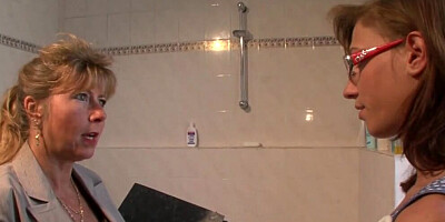 German swinger Petra Wegat in a bathroom threesome