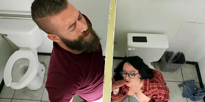 Whore sucks cock through a glory-hole and fucks in the toilet