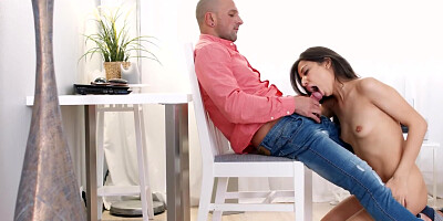 Guy in pink shirt makes teen consume cock with mouth and pussy