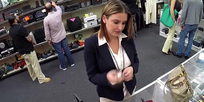 Blonde busty babe Fucked inside the pawn shop office while she is selling her Collection