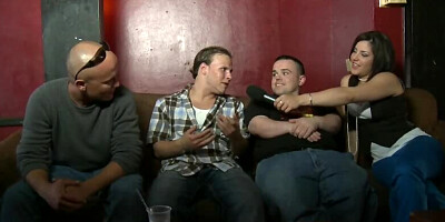 Brunette girl is interviewing guys for porn casting in the club
