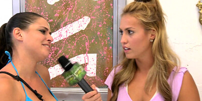 Slutty teen babes in hotpants enjoying their public glory hole dick sucking