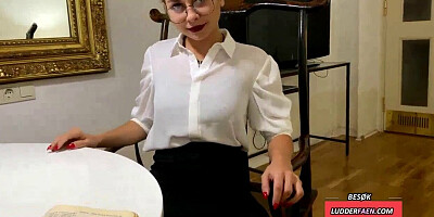 Bookworm sucks professor's pecker and gives him some wet pussy