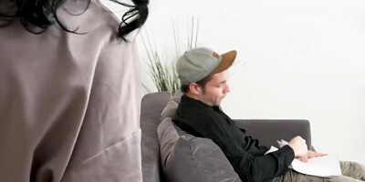 Chubby brunette blows her stepson and fucks on the couch