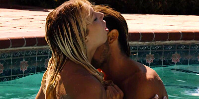 Aroused couple enjoys outdoor sex in and around the pool