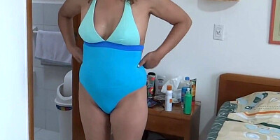 On the beach, stepson woke up with his big cock very hard and asks me to let him masturbate while lo