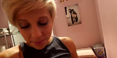 Short-haired blonde stepsister rides cock like a slut