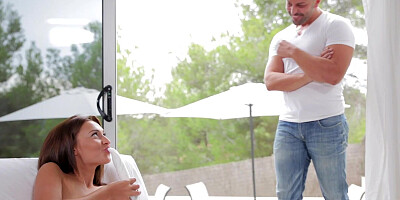 Beautiful brunette fucks with her muscly stud and has great deepthroating skills