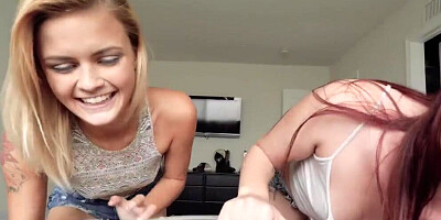 Lacy Channing and her girlfriend are sharing horny dude in a POV