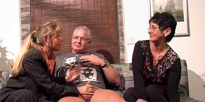 Two dirty MILFs fucking with an old pervert in this 3some