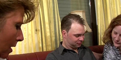 Two dirty MILFs fucking with an old pervert in this 3some