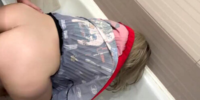 The stepmom's wide ass spread apart when they had anal sex with her in the bathroom