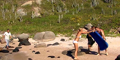 Attractive blonde slut is gangbanged outdoors by a four horny studs