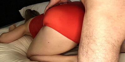 Teen Babe wearing SHINY RED PANTIES Fucked Hard Doggystyle by Huge Cock after gettting spanked ending with massive ass cumshot