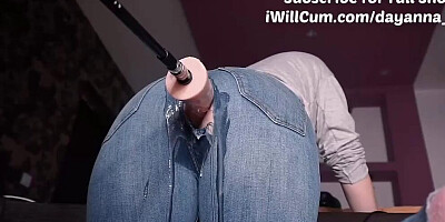 Machine Dick through her Jeans makes Mom Cream so Hard