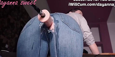 Machine Dick through her Jeans makes Mom Cream so Hard