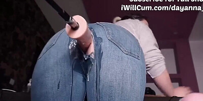 Machine Dick through her Jeans makes Mom Cream so Hard