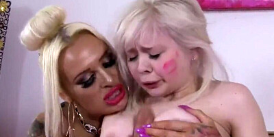 Busty blondes are sharing a big dildo in this hot lesbian sex scene