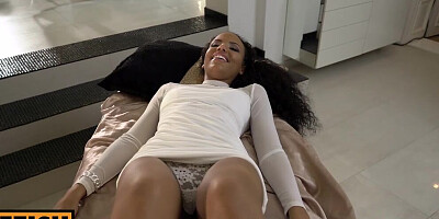 Black chick Romy Indy gives a footjob and rides that cock