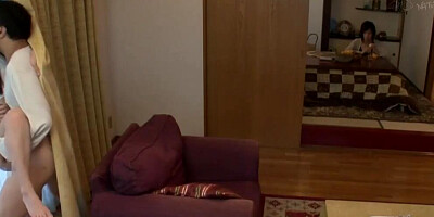 Abe Mikako Fucks Guy while Wife is in the House Hiding her behind Curtain
