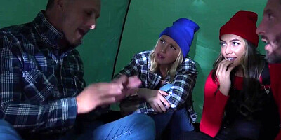 Two naughty babe are getting shagged by their mates in 4some