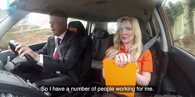 Fake Driving School Mature guy spunks over blonde bombshell