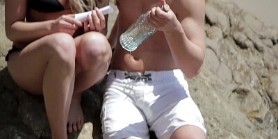 Beautiful blonde babe enjoys her partner's pussy licking outdoors on the hillside