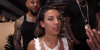 Naughty white chick in sexy lingerie ravaged in an IR gangbang