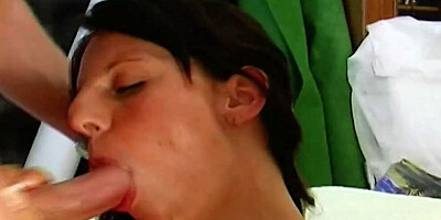 Amazing dark haired babe from Germany gets smashed by two cocks