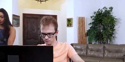 A nerd with glasses licks the caps and anuses of two beauties
