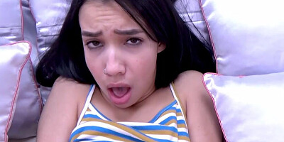 Cute teen gal in hot pants goes down on her knees for giving a BJ